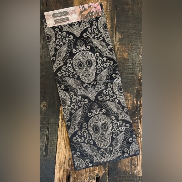 RACHEL ZOE Gothic Skull Bat Embroidered Design Table Runner 14” x 72” NWT